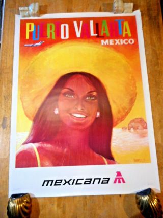 C 1960s Mexicana Air Puerto Vallarta Mexico Travel Poster Amendolla Art