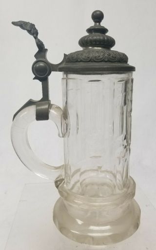 Antique German Pewter Mounted Cut Glass Drinking Stein Figural