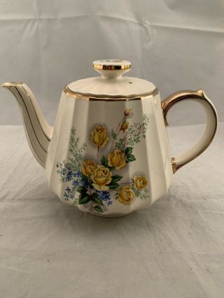 Vintage Sadler England Teapot Yellow Roses Ivory Gold Tone Accents Fluted