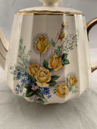 Vintage Sadler England Teapot Yellow Roses Ivory Gold Tone Accents Fluted 2
