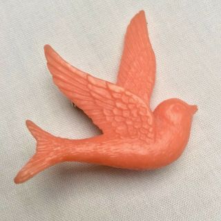 Vintage Art Deco Salmon Pink Hand Carved Celluloid Bird Brooch