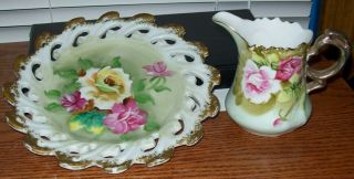 Vintage Lefton Heritage Green Hand Painted China Creamer & Decorative Plate 3066
