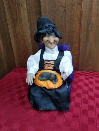 Gemmy Animated Witch Petting Cat Lights Up Cackles Halloween Witch Vintage