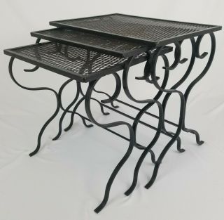 3 Mid - Century Iron Mesh Salterini Art Nouveau Nesting Tables Nested Vintage