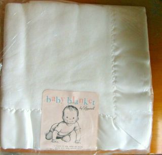 Authentic Pepperell Baby Blanket Ivory Satin Trim Vintage Nos White Rayon Usa