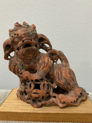 Antique Chinese Soapstone Carving Foo Dog & Mystery Ball Figurine / Statue