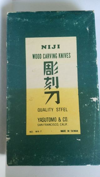Vintage Set Of 7 Niji Quality Steel Wood Carving Knives & Sharpening Stone