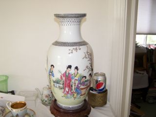 Large Chinese Porcelain Famille Rose Republic Vase & Poem Black Jewel Rim
