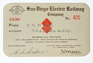 1930 San Diego Electric Railway Company Annual Pass W W St Clair H S Dixon