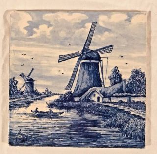 6 " Vintage Delft Blue Handpainted Holland Ceramic Tile Windmill Boat Farm Scene