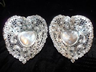 Pair Gorham Sterling Silver Heart Shaped Dish Pierced Repousse 5 " Master Nut
