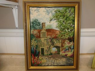 Vintage Needlepoint Picture Two Tone Wooden Frame Old House 16.  5 " X 21.  5 "