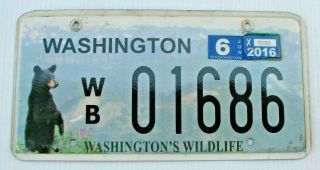 Washington State Graphic Wildlife Black Bear Auto License Plate " Wb 01686 " Wa