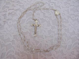 Vintage Sterling Silver Rosary White Aurora Borealis Faceted Beads