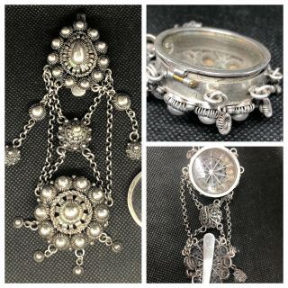 Antique Sterling Silver Ornate Chatelaine French Victorian Era.  Glass Case.