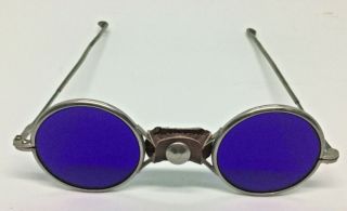 Antique Welding/eclipse Glasses Cobalt Blue Glass With Leather Nose Pad.