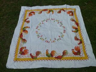 Vintage Cotton Fabric Tablecloth Fall Autumn Colors Roosters Feathers 48 " X 52 "