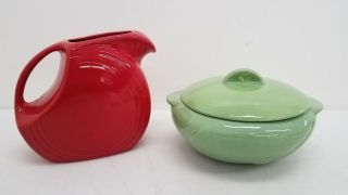 Fiesta Red Disc Juice Pitcher,  Vintage American Ceramic Green Covered Casserole
