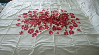 Vintage Rayon/cotton Tablecloth Red Tulips And Flowers On White 62 " X52 "