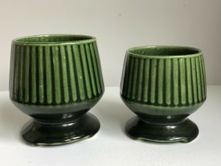 Pr Vintage 60’s Mid Century Ribbed Green Pottery Pedestal Planter Vase 5” 4.  25”