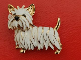 Vintage Gold White Enamel Scotty Westie West Highland Terrier Dog Brooch
