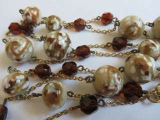 Vintage 1950s Murano Glass Bead & Gold Tone Chain Necklace Long Brown Beige