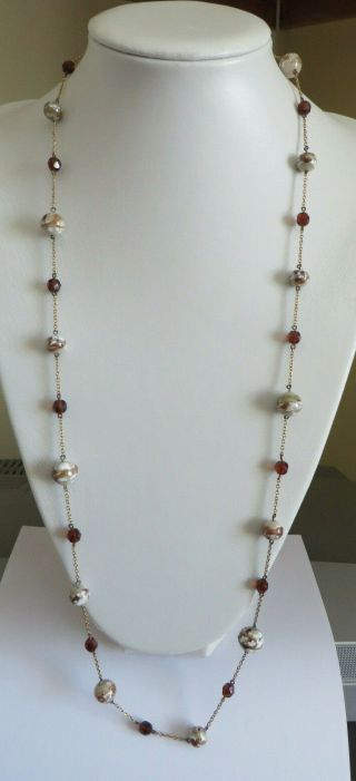 Vintage 1950s Murano glass bead & gold tone chain necklace Long Brown Beige 2