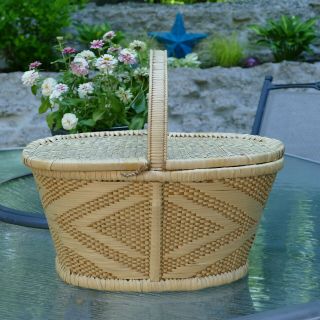 Vintage Large Woven Rattan Wicker Picnic Basket With Double Hinged Lid