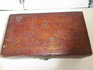 Antique Chinese Export Gilt Painted Pig Skin Document Jewelry Box Chest 14x8 "