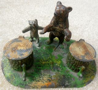 Antique Cold Painted Cast Metal Figural Inkwell - Bear & Cub With Tree Stumps