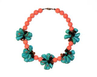 Fab Vtg 40s Antique Murano Venetian Coral & Turquoise Glass Flower Necklace