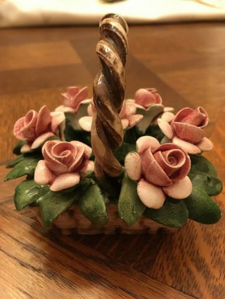 Vintage Capodimonte Miniature Porcelain Pink Flowers Basket Made In Italy