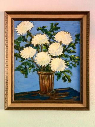 Vintage Mid Century Modern Floral Still Life Oil Painting Signed