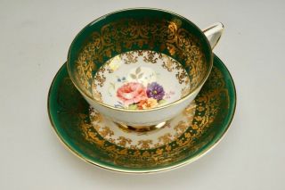 Vintage Royal Stafford Green Gold Flower Bouquet Tea Cup & Saucer Bone China