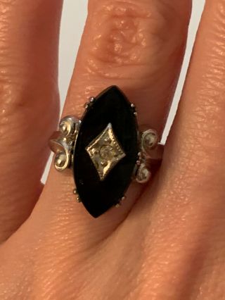 Vintage Art Deco Sterling Silver 925 Black Onyx Marquise Cocktail Ring Sz 4 1/4