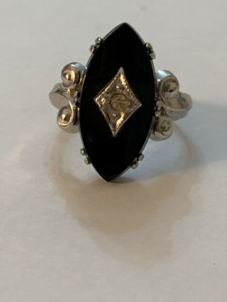 VINTAGE ART DECO STERLING SILVER 925 BLACK ONYX MARQUISE COCKTAIL RING SZ 4 1/4 2