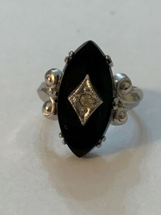 VINTAGE ART DECO STERLING SILVER 925 BLACK ONYX MARQUISE COCKTAIL RING SZ 4 1/4 3
