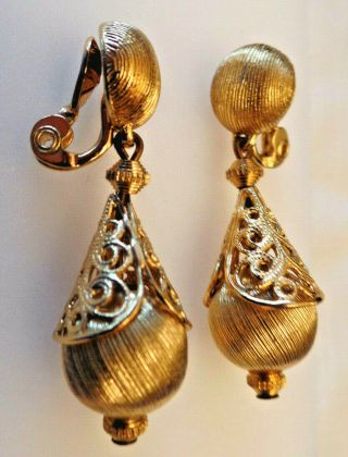 Vintage Signed Monet Brushed Gold Tone Dangle Clip Back Earrings
