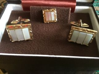 Vintage Sophos mother of pearl cuff links and tie pin set 2
