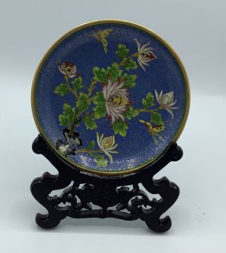 Vintage Chinese Cloisonne Enamel Plate With Carved Wood Stand