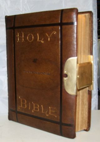 1872 Large Leather Antique Family Holy Bible Brass Clasp 15lbs.