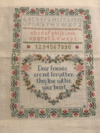 Vintage Linen Cross Stitch Alphabet Sampler Friends Poem Floral Heart Wreath