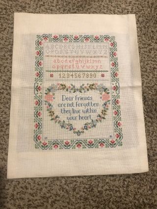 Vintage Linen Cross Stitch Alphabet Sampler Friends Poem Floral Heart Wreath 2