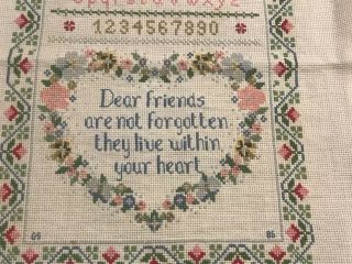 Vintage Linen Cross Stitch Alphabet Sampler Friends Poem Floral Heart Wreath 3
