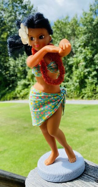 Vintage Hawaiian 11” Hula Girl Doll Figure In Dance Pose & Lei Aloha Hawaii