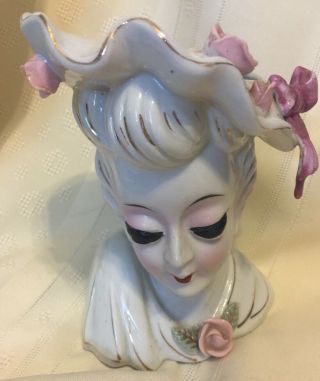 Vtg Glamour Girl Lady Head Vase White Dress,  Hat With Roses & Gold Accents Japan
