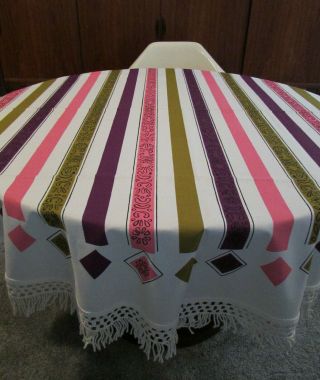 Vtg Simtex Tablecloth 66 " Round Nos 1960s White Purple Pink Mcm Fringe Cotton