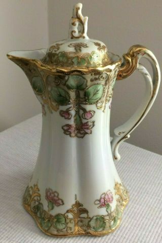 Vintage Hand Painted Nippon Chocolate Pot Pink Flowers W/ Gold And Beading