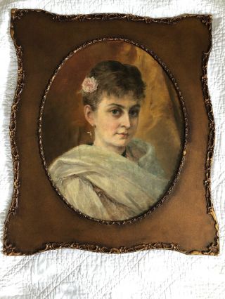 Antique 19th C Victorian Era Lady Portrait Old Oil Painting With Antique Frame