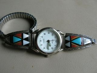 Vintage Signed R.  B.  Zuni Multi - Stone Inlay Sterling Silver Watch Band Tips